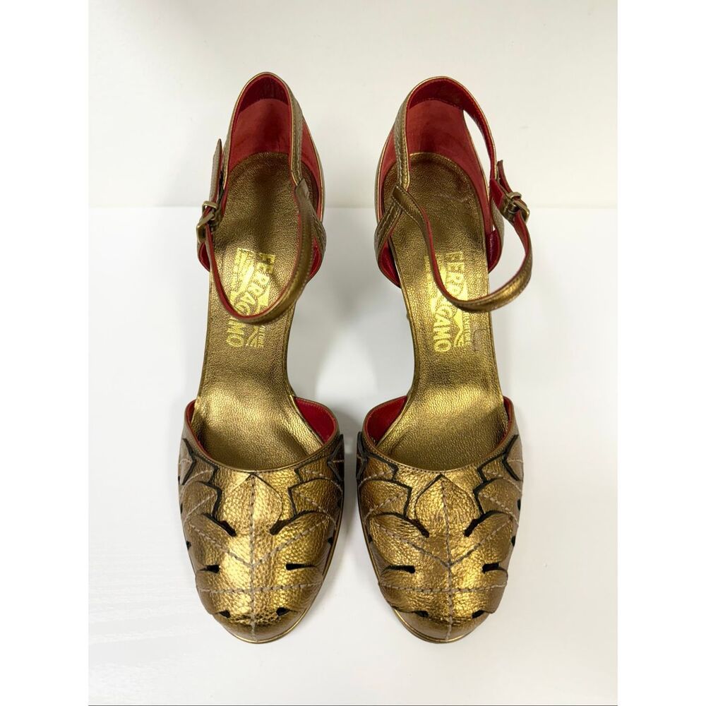 Salvatore Ferragamo 97673 Y55 Metallic Gold Leaf Cut Ankle Strap Heels 10 New
